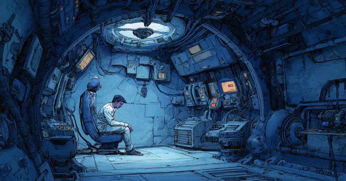 A solitary person seated inside a small alien spacecraft interior lit in blue tones suggesting isolation anxiety and reflection before departure.
