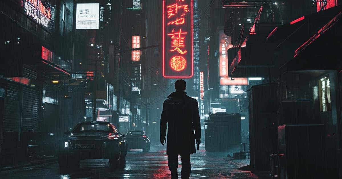 Rainy Los Angeles street in Blade Runner with neon signs, dark alleys, and a lone figure walking through the futuristic city at night.