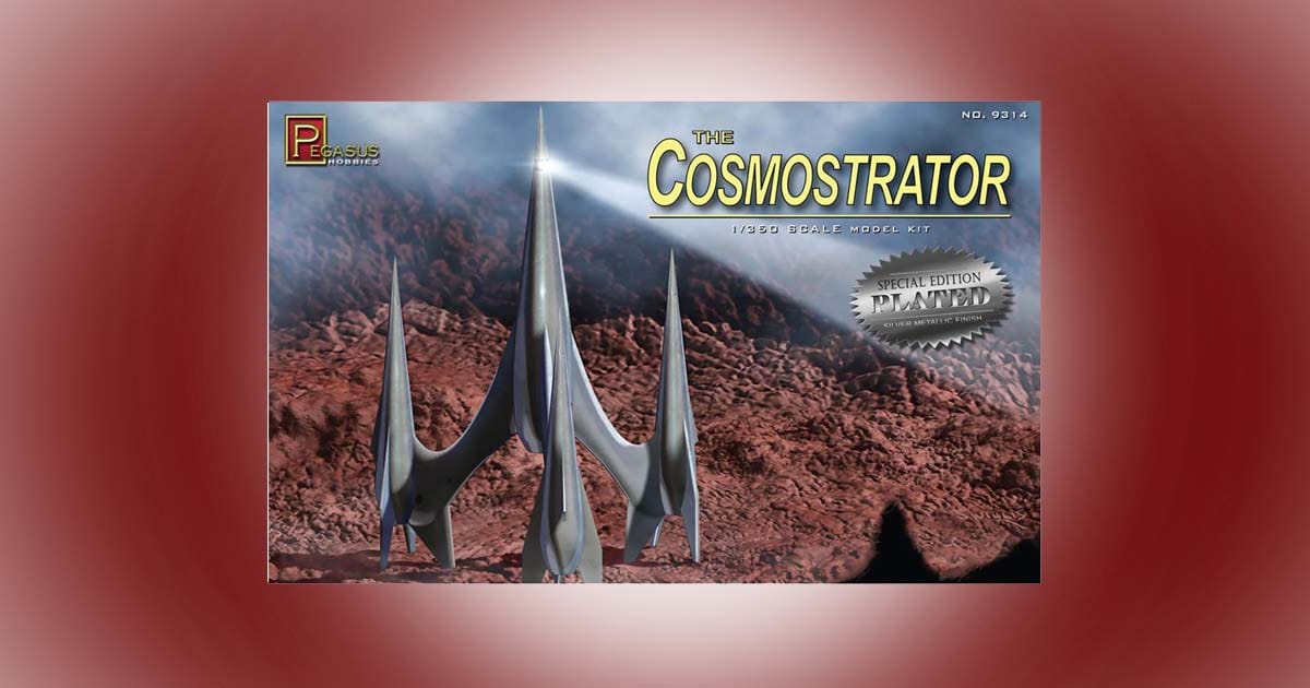 Box art and assembled model of the Cosmostrator science fiction rocket from the film First Spaceship on Venus, shown in silver finish.