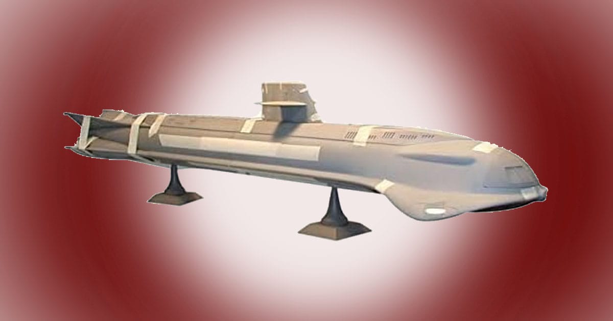 Plastic model kit of the Seaview submarine from Voyage to the Bottom of the Sea, shown assembled on display stands.