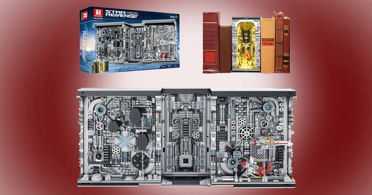 Star planet book nook building kit shown assembled with detailed mechanical interior, displayed between books on a shelf with integrated lighting.