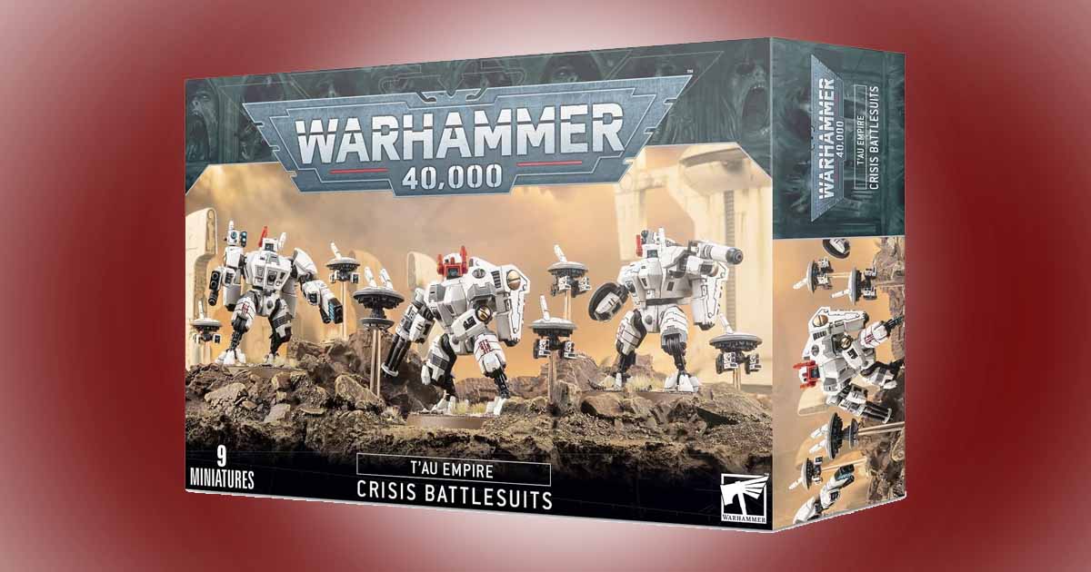 Warhammer 40,000 XV8 Crisis Battlesuit Team box art showing Tau battlesuit miniatures posed on a battlefield terrain.