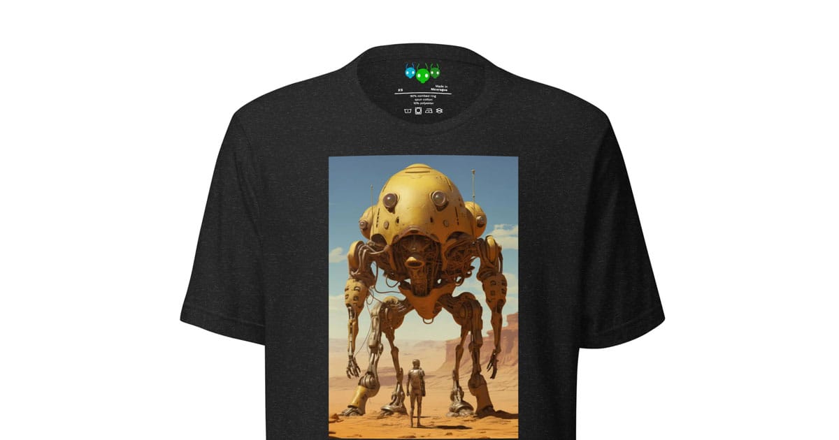 Yellow frog-like mech towering over a lone human figure in a desert landscape on a black science fiction t-shirt.