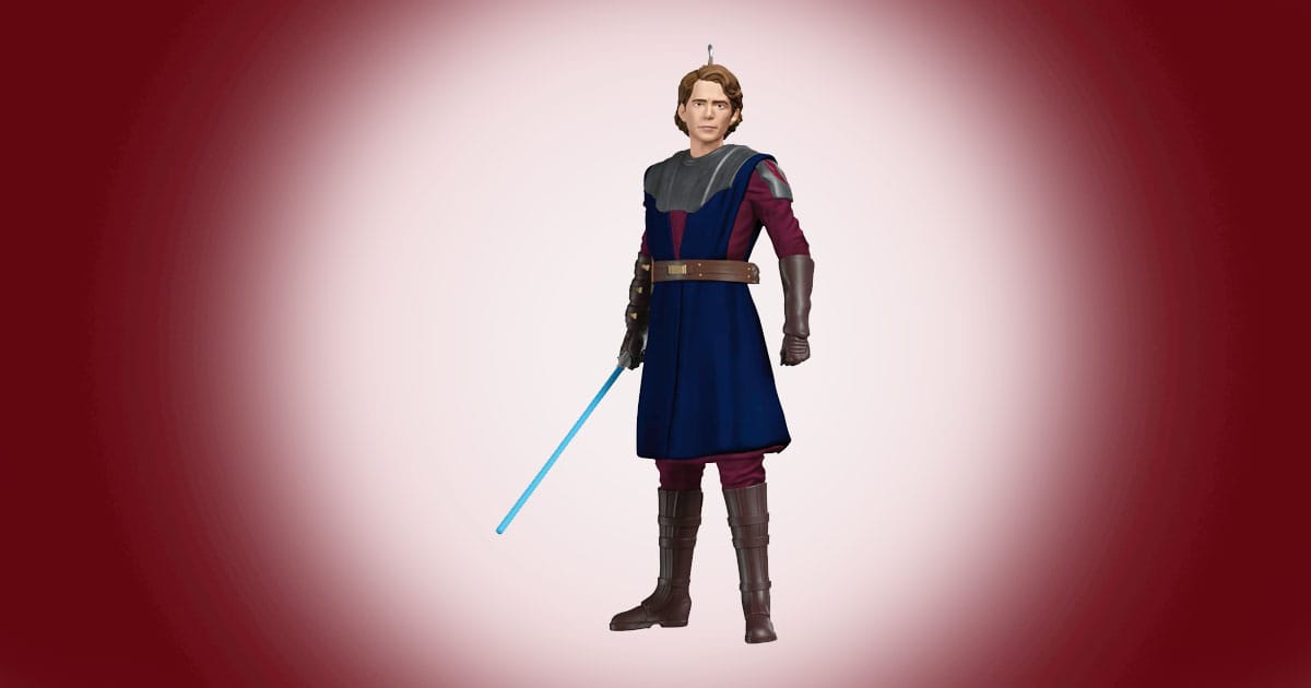 Hallmark Christmas ornament of Anakin Skywalker in Clone Wars armor with a blue lightsaber.