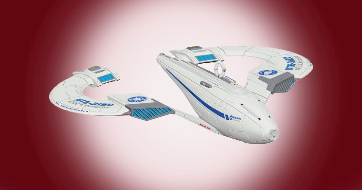 Hallmark N.S.E.A. Protector ornament inspired by Galaxy Quest, featuring the iconic white-and-blue starship design.