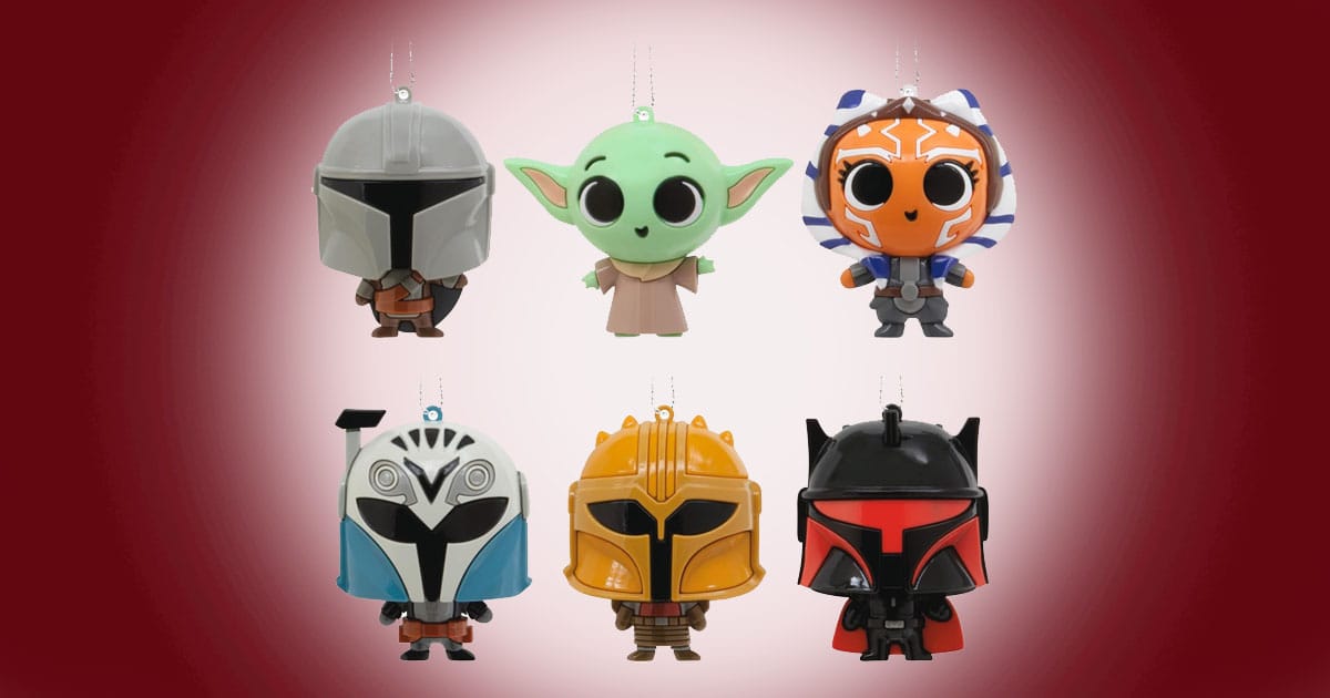 Set of Hallmark Mandalorian mystery Christmas ornaments featuring stylized characters from Star Wars.