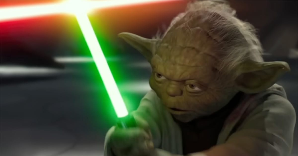 Yoda wielding a green lightsaber during combat in the final years of the Galactic Republic.