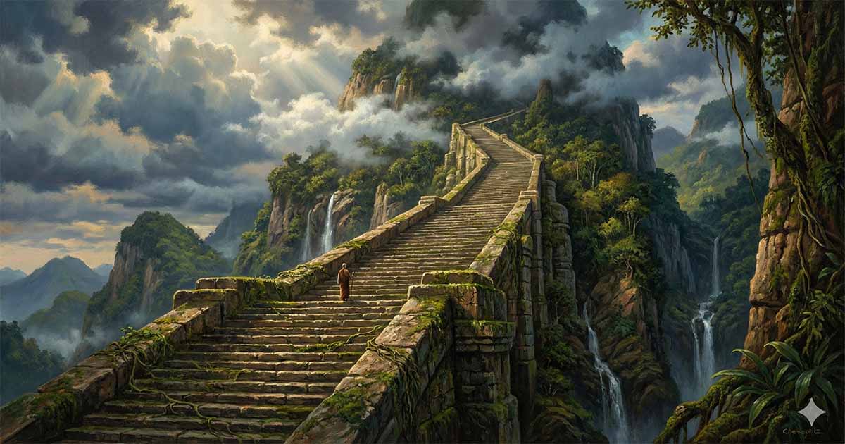 Illustration of an ancient stone stairway ascending a jungle-covered mountain surrounded by mist, clouds, and waterfalls.