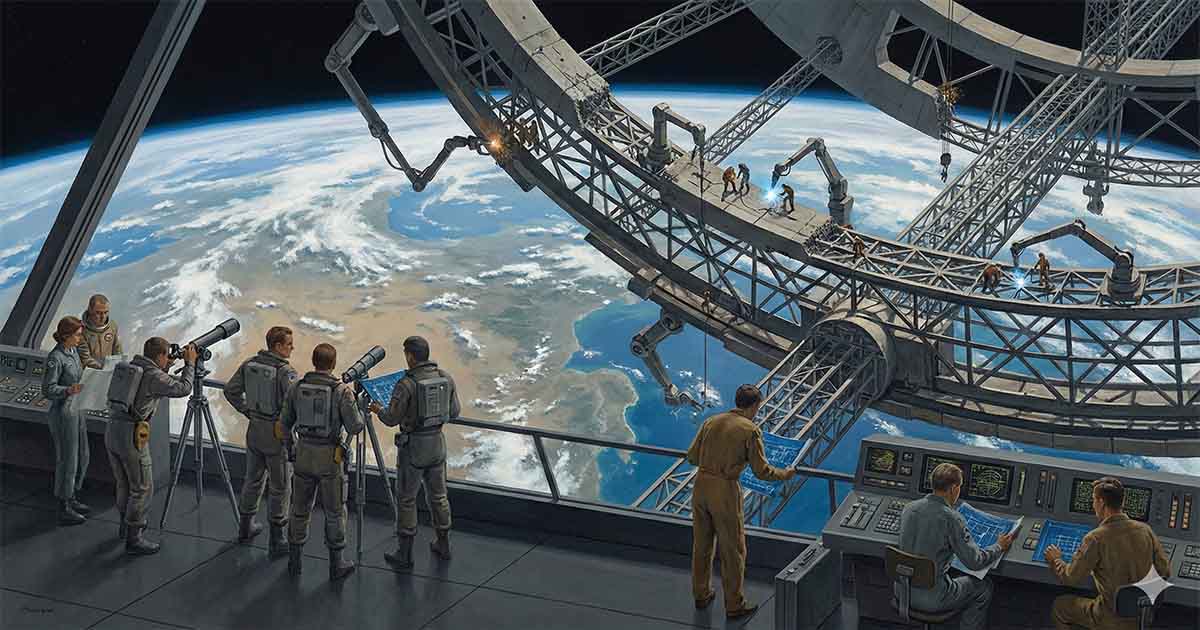 Illustration of engineers and technicians working inside an orbital structure above Earth, studying plans and overseeing construction in space.