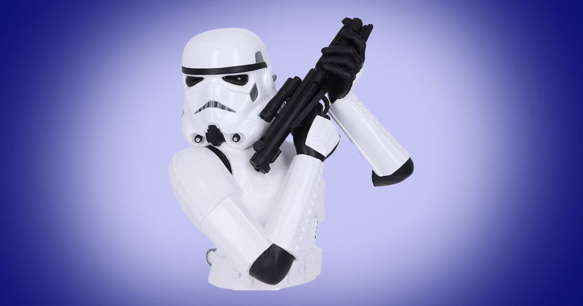 Stormtrooper bust statue holding blaster in white armor Star Wars collectible display piece.