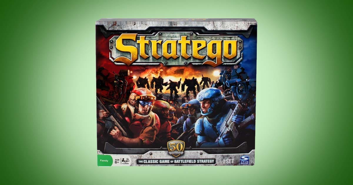 Stratego science fiction board game box showing futuristic opposing armies facing off in a hidden information strategy battle.