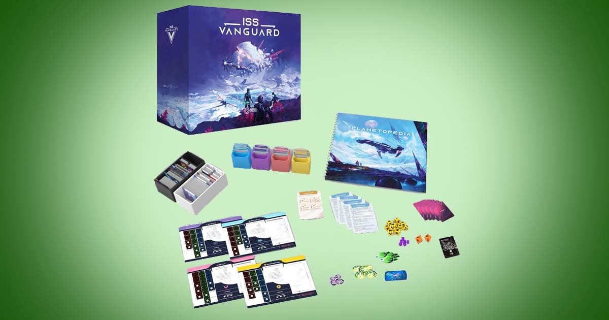 ISS Vanguard science fiction board game components displayed with ship boards, crew sections, cards, tokens, and exploration materials.