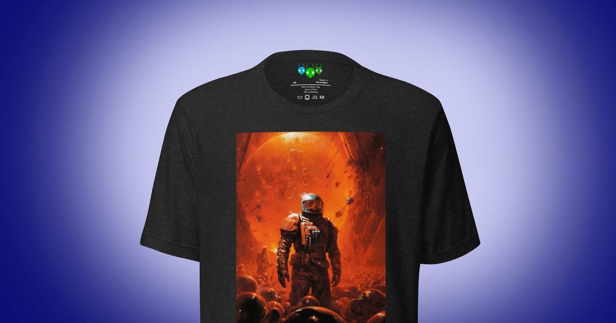 Red Alien Moon Battle science fiction t-shirt featuring a futuristic battlefield beneath a crimson alien moon.