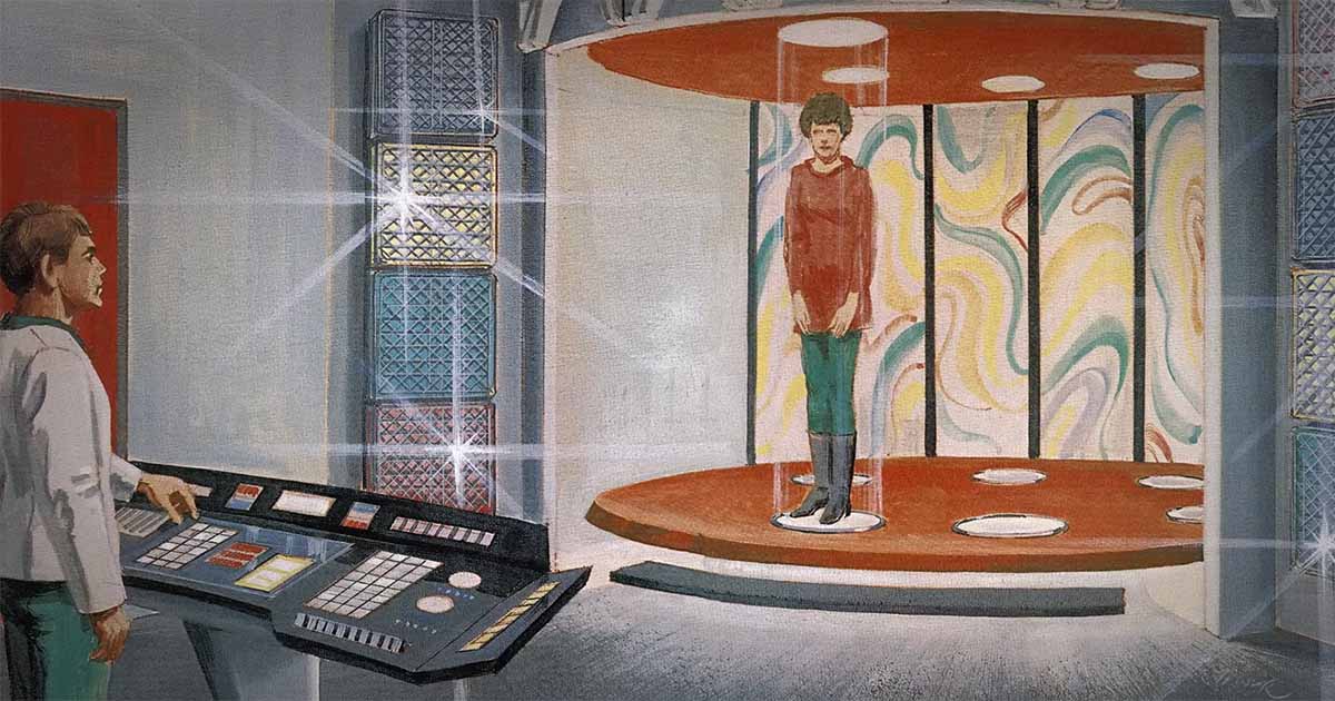 Concept art from Star Trek Phase II showing a transporter room design created for the canceled 1970s television revival.