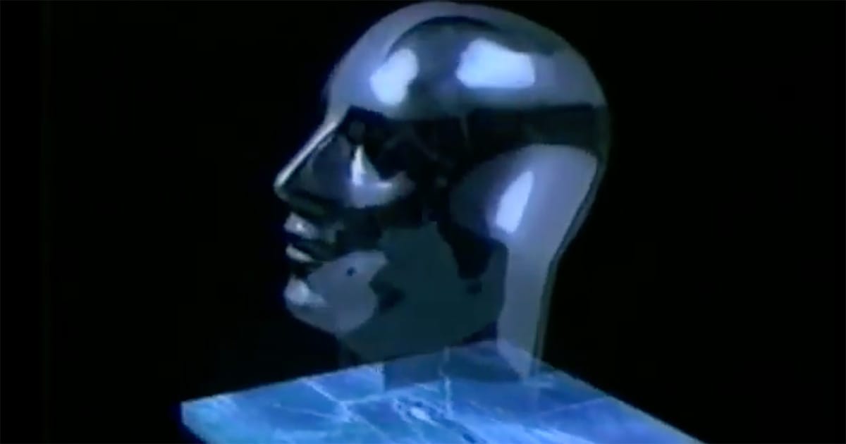 Early CGI holographic head from The Last Starfighter showing primitive computer-generated human modeling in 1984.