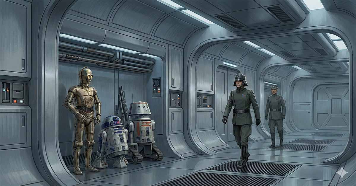 Three droids stand against a starship corridor wall while uniformed officers walk past, illustrating control and second-class status of droids in Star Wars.
