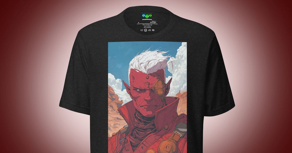 Illustrated science fiction T-shirt showing a red-skinned alien warlord with white hair and a cybernetic eye standing in a desert under alien skies.