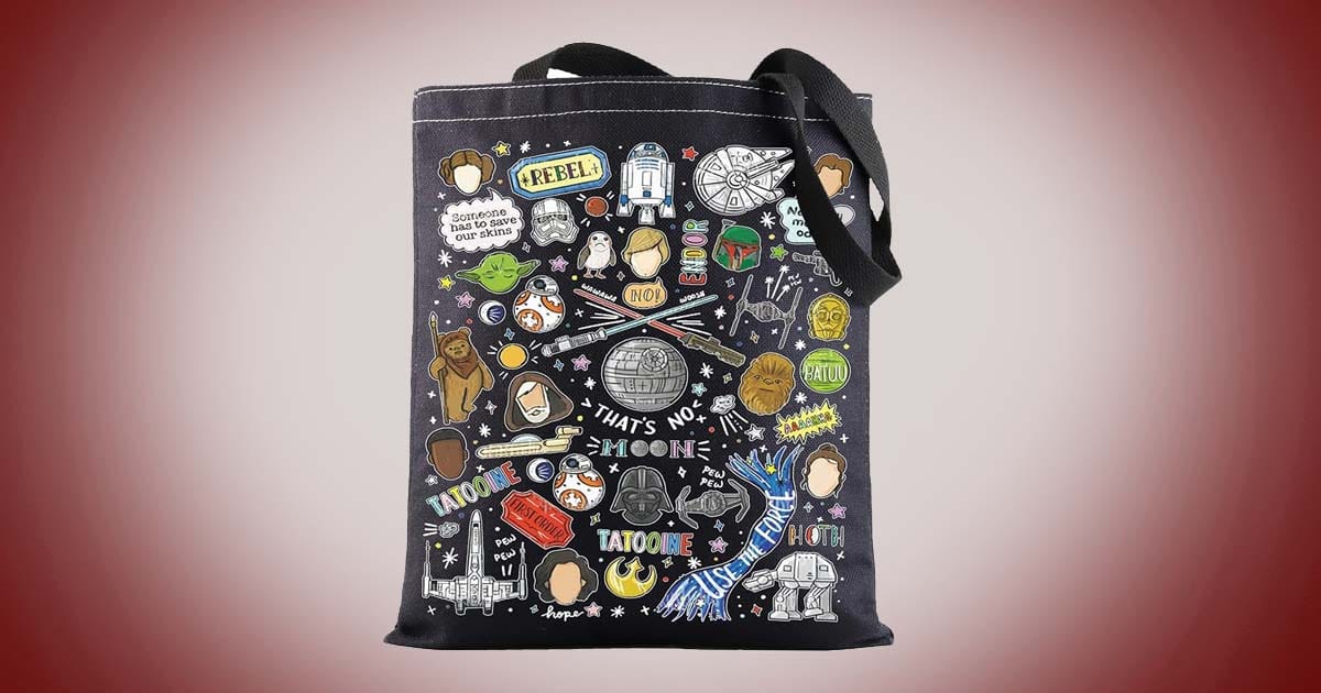 Science fiction tote bag with Star Wars themed illustrations, Thats No Moon text, and collage of classic galaxy characters and symbols.