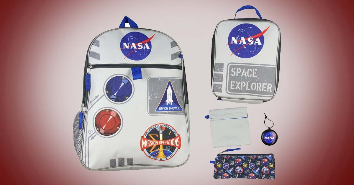 NASA Space Explorer backpack set with mission patch graphics, matching lunch bag, pencil case, and space themed accessories.
