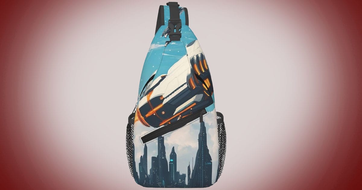 science fiction crossbody sling backpack with futuristic city skyline and spacecraft illustration.