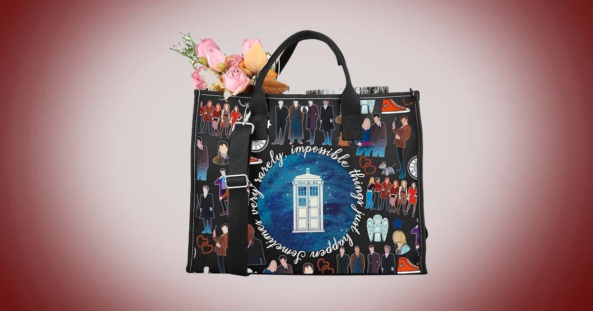 Science fiction large tote bag with Doctor Who inspired illustrations, blue police box design, and character collage pattern.