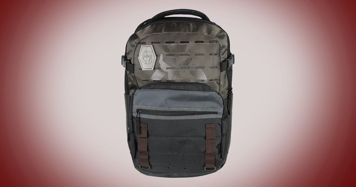 Mandalorian themed science fiction backpack with tactical design, dark panels, and bounty hunter insignia.