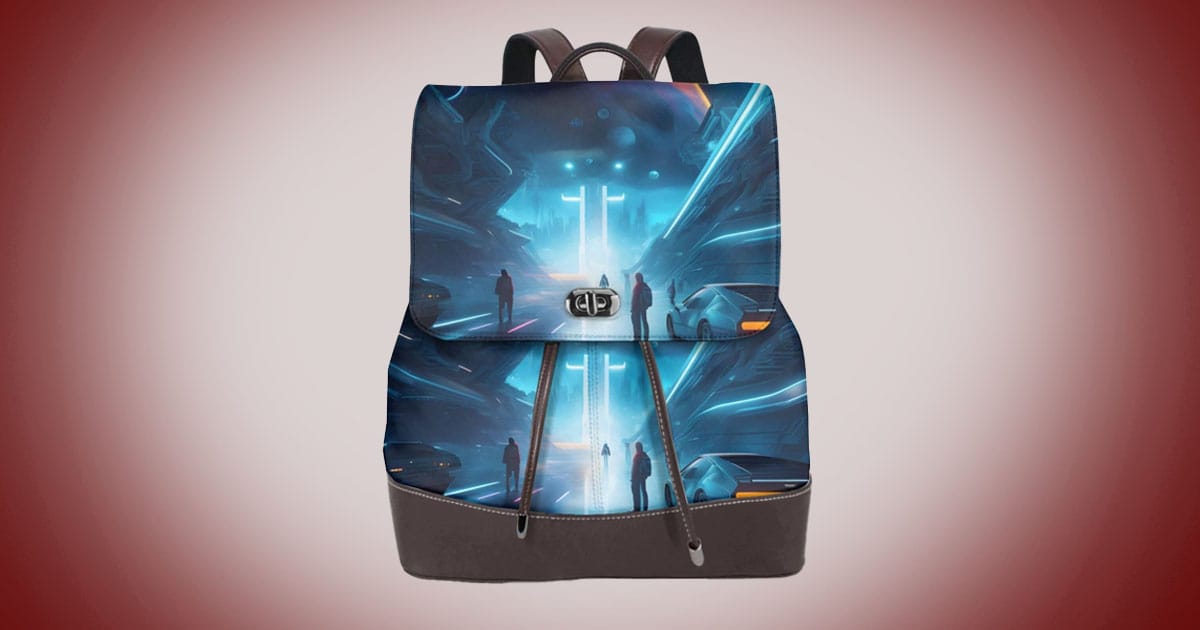 Science fiction backpack with futuristic city illustration, glowing blue corridor design, and fold over flap.