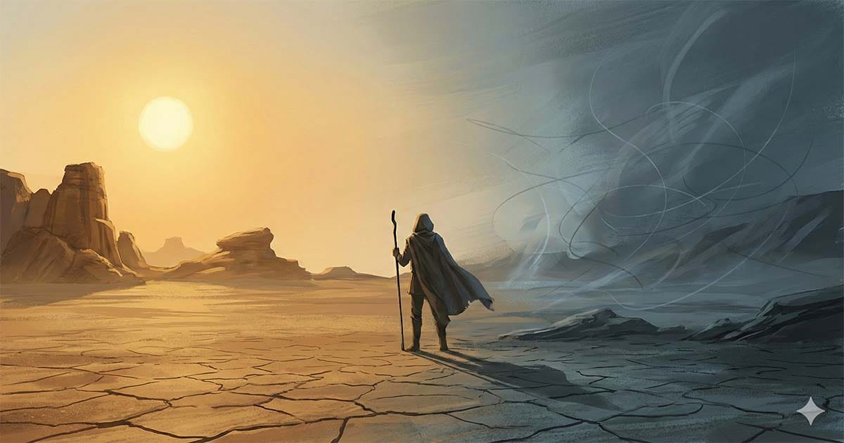 Illustration of a lone figure standing between light and dark energy representing balance in the Force in Star Wars canon.