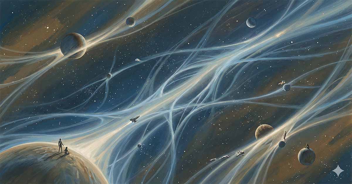 Illustration showing the Force as flowing energy connecting planets, ships, and figures in Star Wars canon.