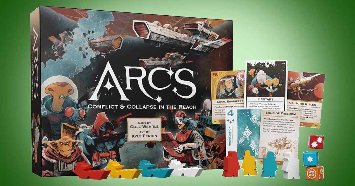 Arcs Conflict and Collapse in the Reach science fiction board game box with cards, dice, and colorful faction pieces showing political and military struggle.