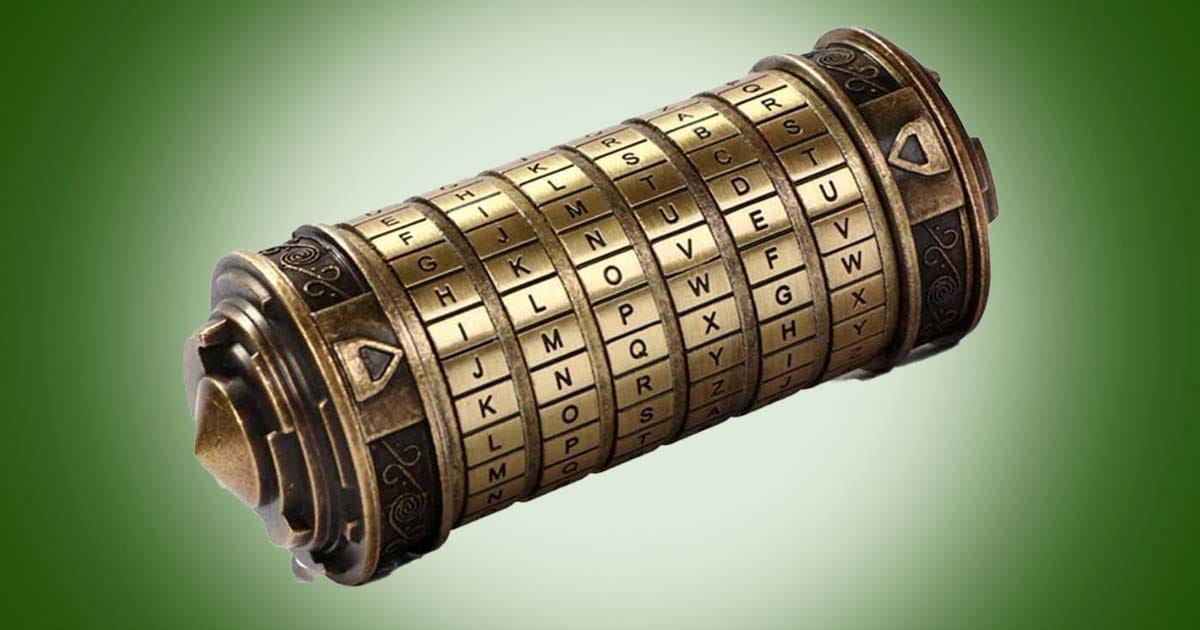 Da Vinci Code Cryptex brass puzzle box with rotating alphabet rings, vintage secret lock container inspired by historical mystery and science fiction design.