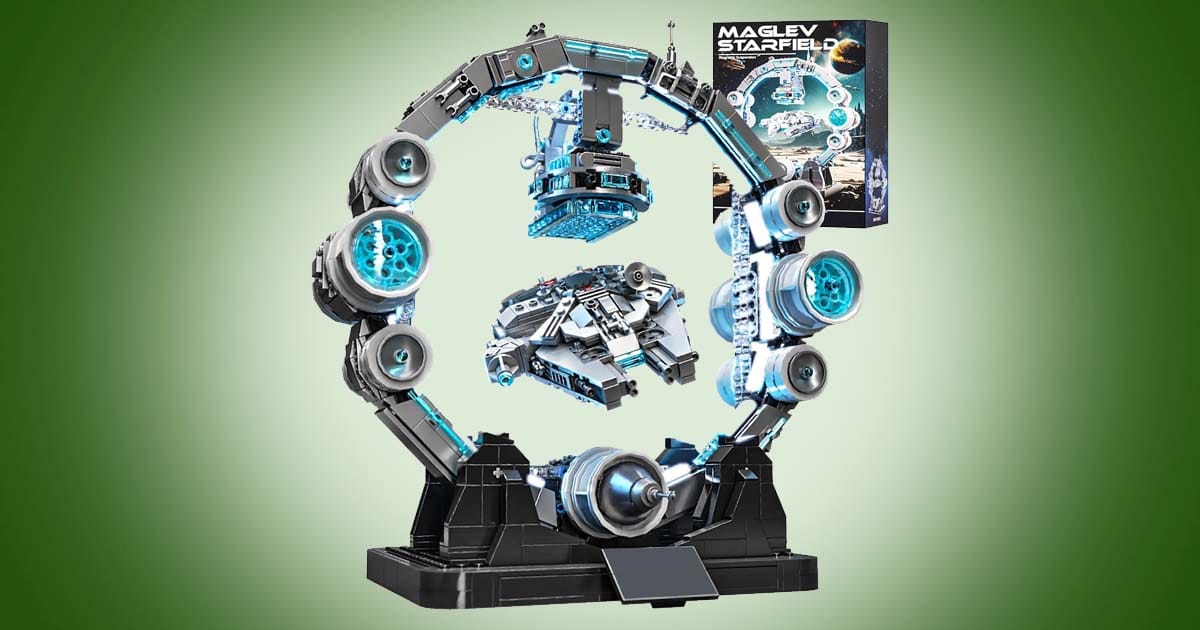 Magnetic Levitation Orbital Station spaceship building set hovering in midair with glowing blue accents, futuristic sci-fi model kit for collectors and space enthusiasts.