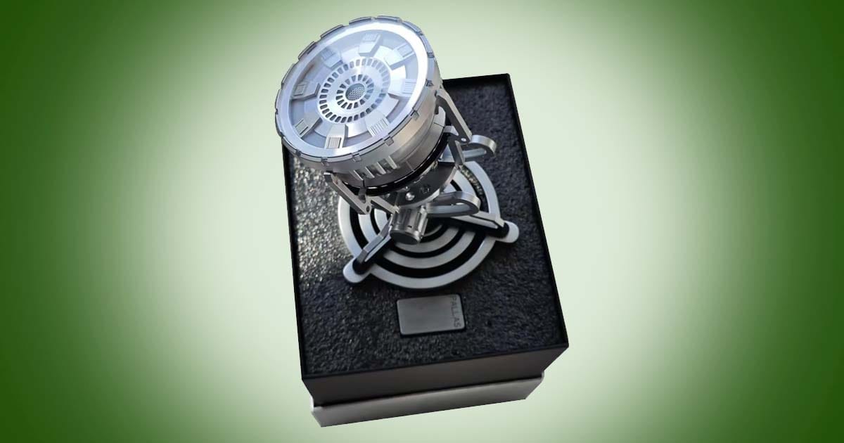 MK3 Arc Reactor collectible with lighting effect on display stand, futuristic metal palladium reactor model for science fiction fans and collectors.