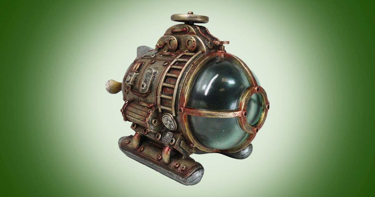 Steampunk Nautilus Submarine LED night light figurine with brass finish and glass dome, science fiction maritime collectible inspired by Victorian adventure and deep-sea exploration.