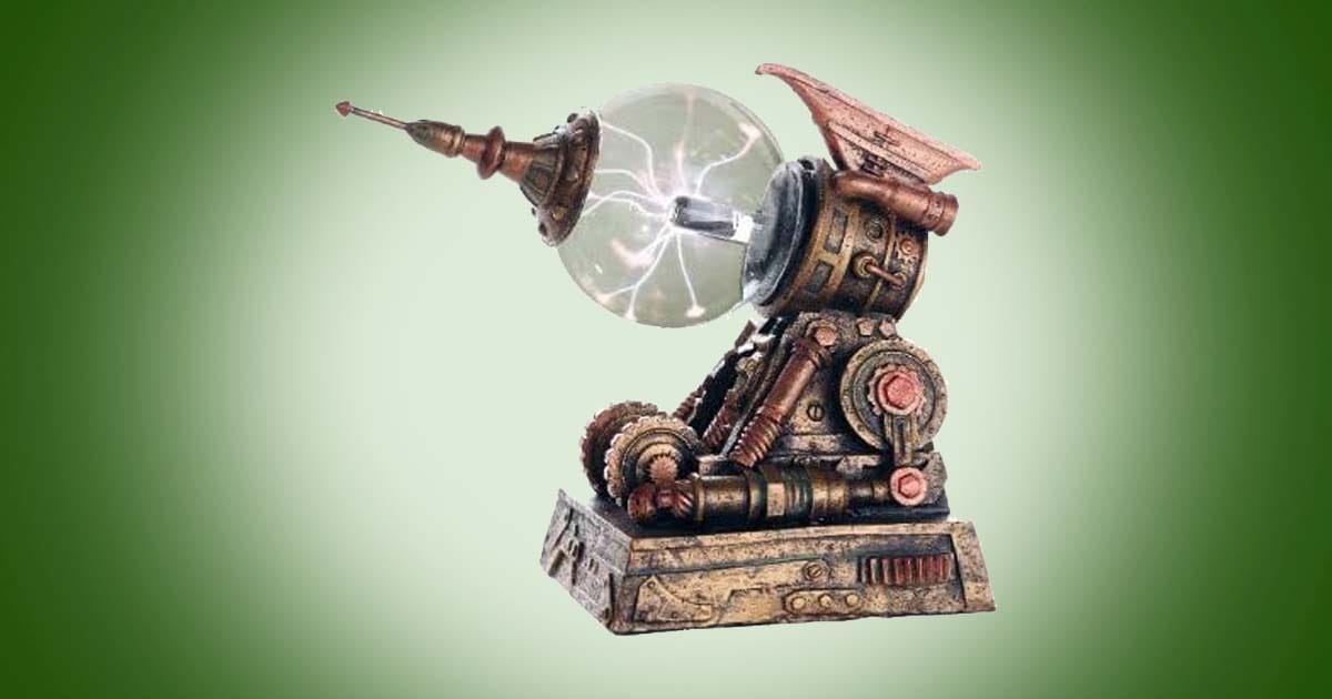 Steampunk Plasma Wave Disrupter Blaster with glowing plasma orb, vintage brass sci-fi invention inspired by retro-futuristic technology and fantasy engineering.
