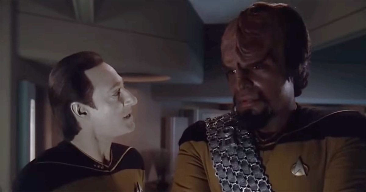 Data and Worf standing together in Star Trek The Next Generation