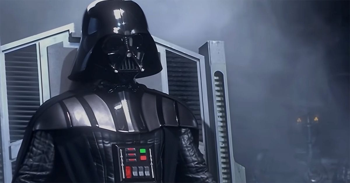 Darth Vader standing in Imperial chamber surrounded by mechanical panels in Star Wars Episode IV A New Hope.