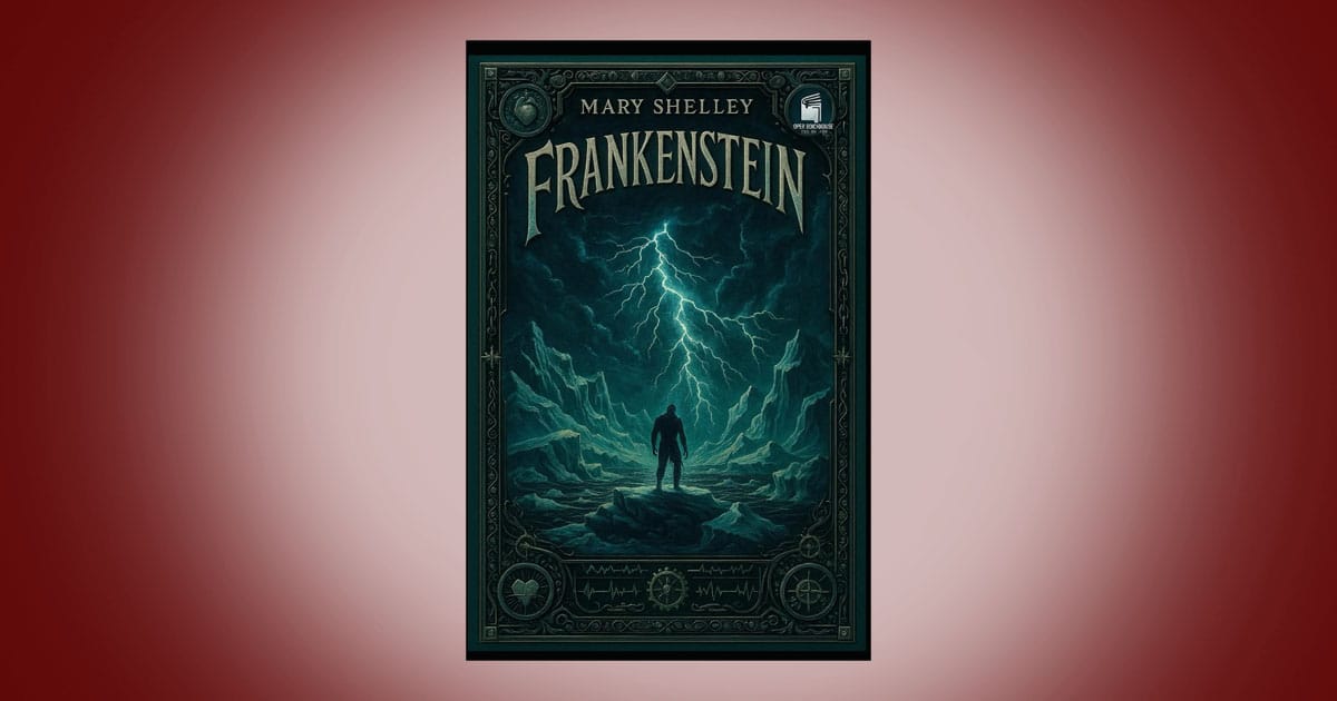 Cover of Frankenstein by Mary Shelley showing a lone human figure standing in a frozen, mountainous landscape beneath a burst of lightning, with a dark gothic color palette emphasizing creation, isolation, and consequence.