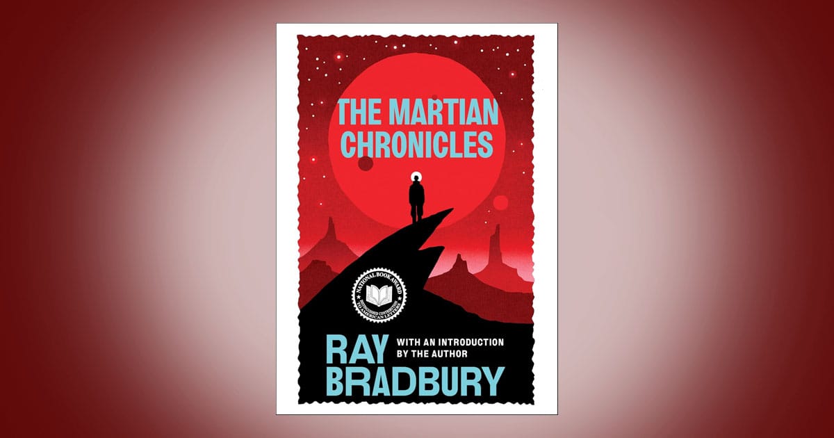 Cover of The Martian Chronicles by Ray Bradbury showing a lone human figure standing on a rocky outcrop beneath a large red planet, with a stark red and black color palette suggesting isolation and reflection on Mars.