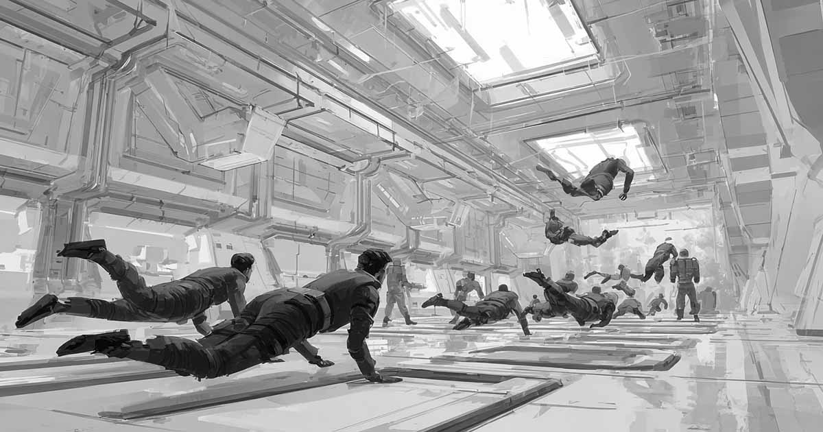 Cadets train in a zero-gravity combat room inside a futuristic military academy.