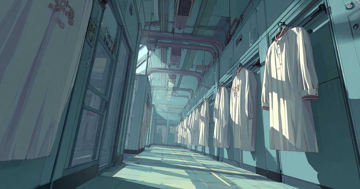 An empty corridor in a futuristic academy with uniforms hanging in lockers.