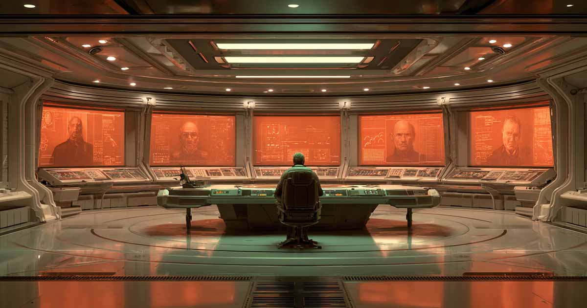 A commander sits before multiple surveillance screens in a futuristic control room.
