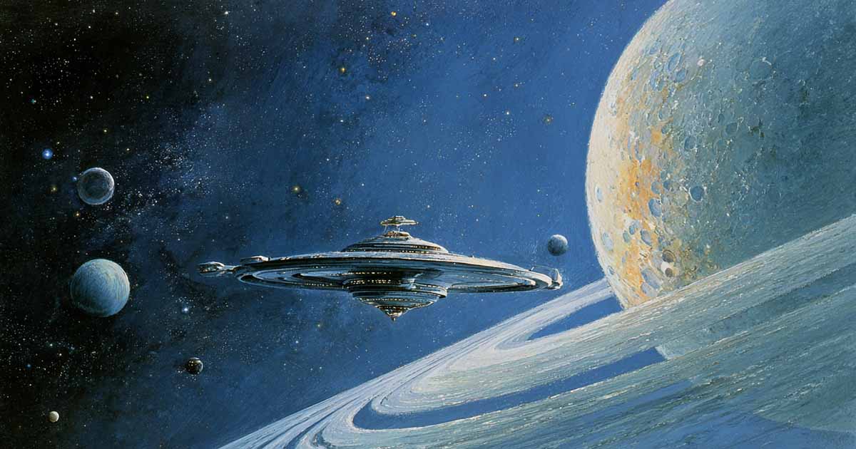 Early science fiction illustration of a large starship near distant planets in deep space.
