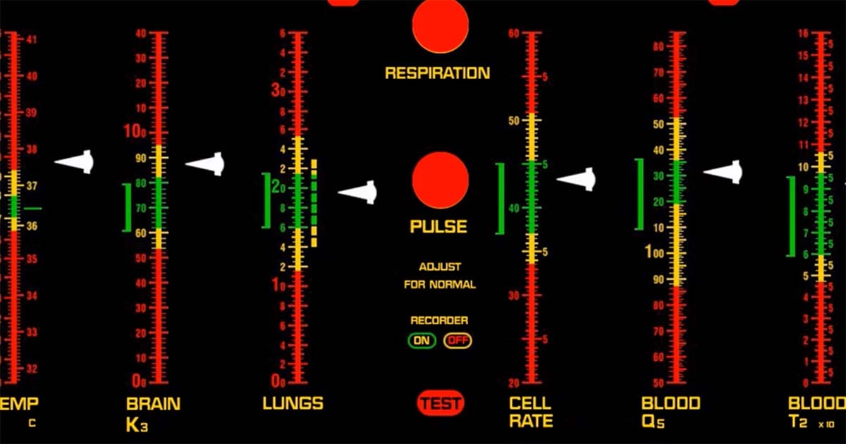 Star Trek The Original Series Sickbay diagnostic display showing temperature, brain activity, lungs, pulse, cell rate, and blood indicators on illuminated scales.