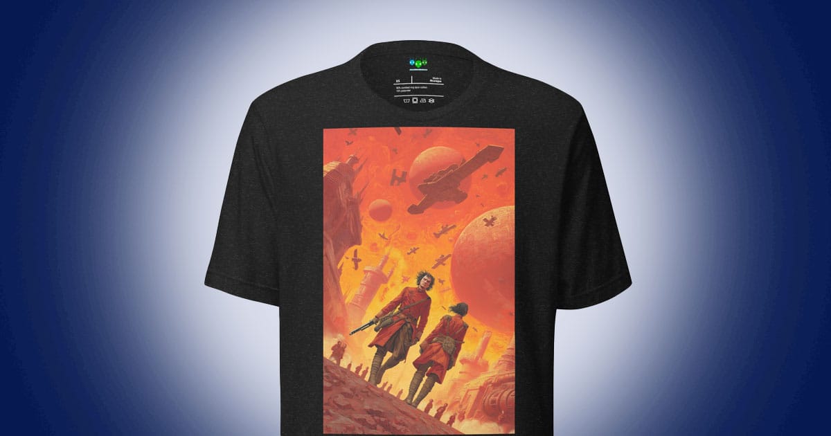 Science fiction T-shirt showing two figures in red uniforms walking beneath twin suns and warships, inspired by a story of marriage, honor, and fragile peace.