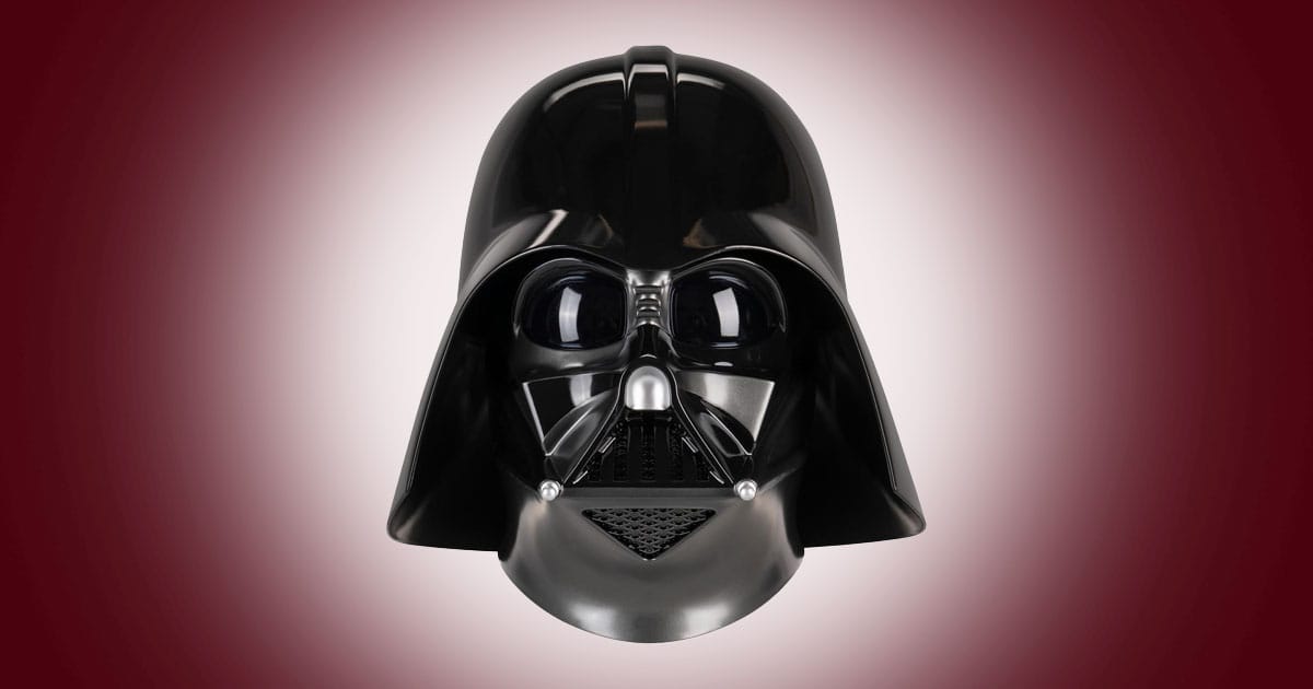 Official adult Darth Vader helmet in glossy black plastic with dark eye lenses and angular faceplate design.