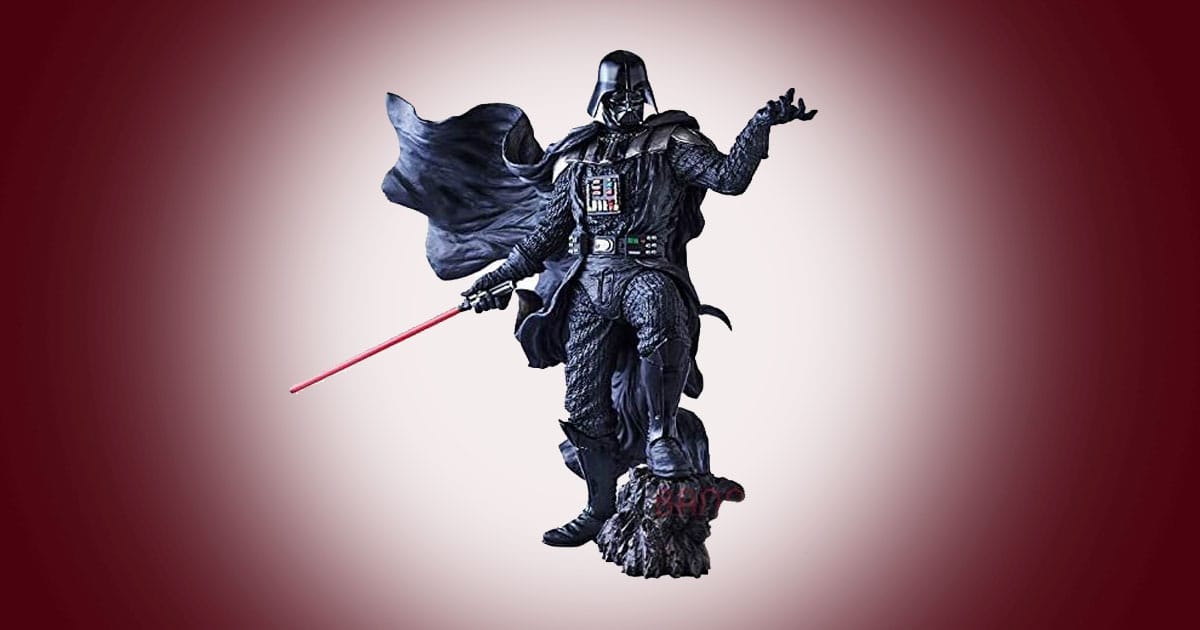 Detailed Darth Vader statue with flowing cape and red lightsaber standing on sculpted base in dynamic pose.