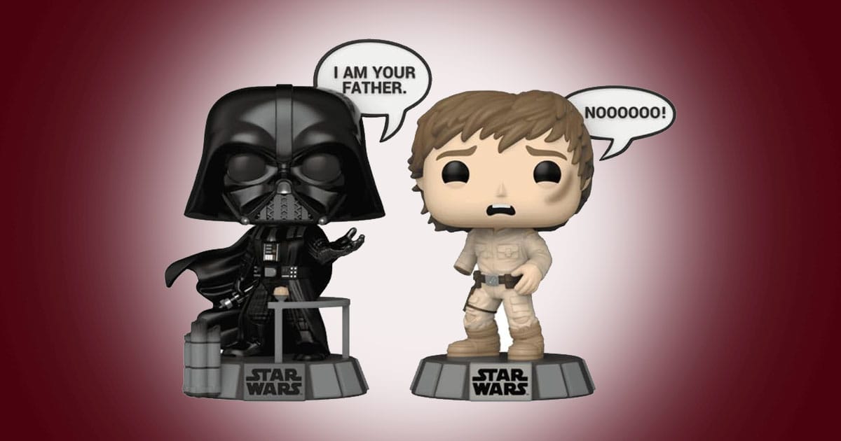 Funko Pop Darth Vader and Luke Skywalker I Am Your Father 2 pack figures with speech bubbles on display bases.