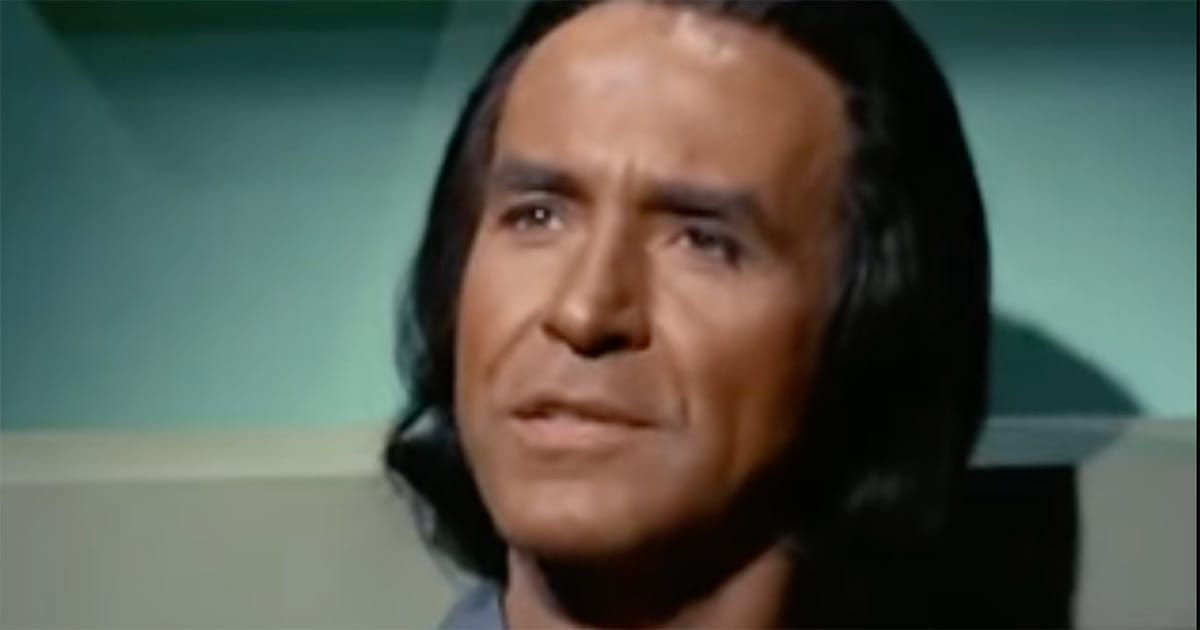 Close-up of Khan Noonien Singh in Star Trek The Original Series Space Seed appearing calm, confident, and reflective