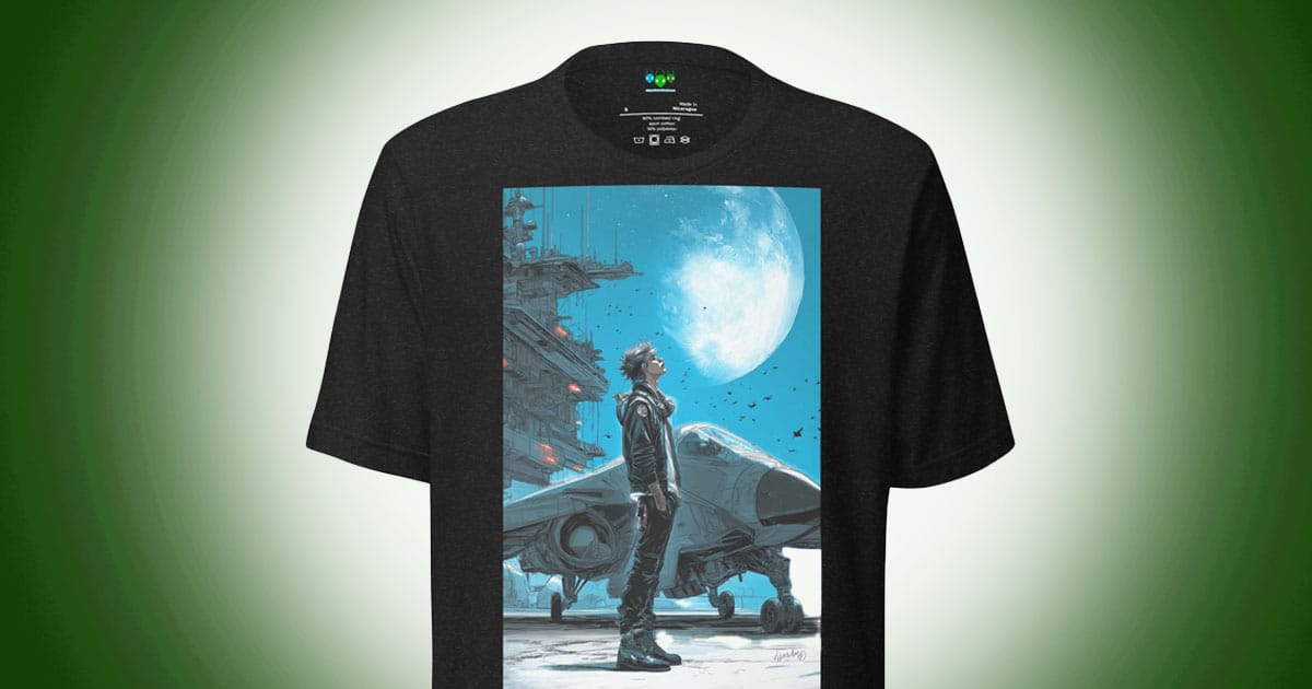 Science fiction themed t-shirt showing a lone space pilot standing beside a starfighter under two moons on a futuristic carrier deck.